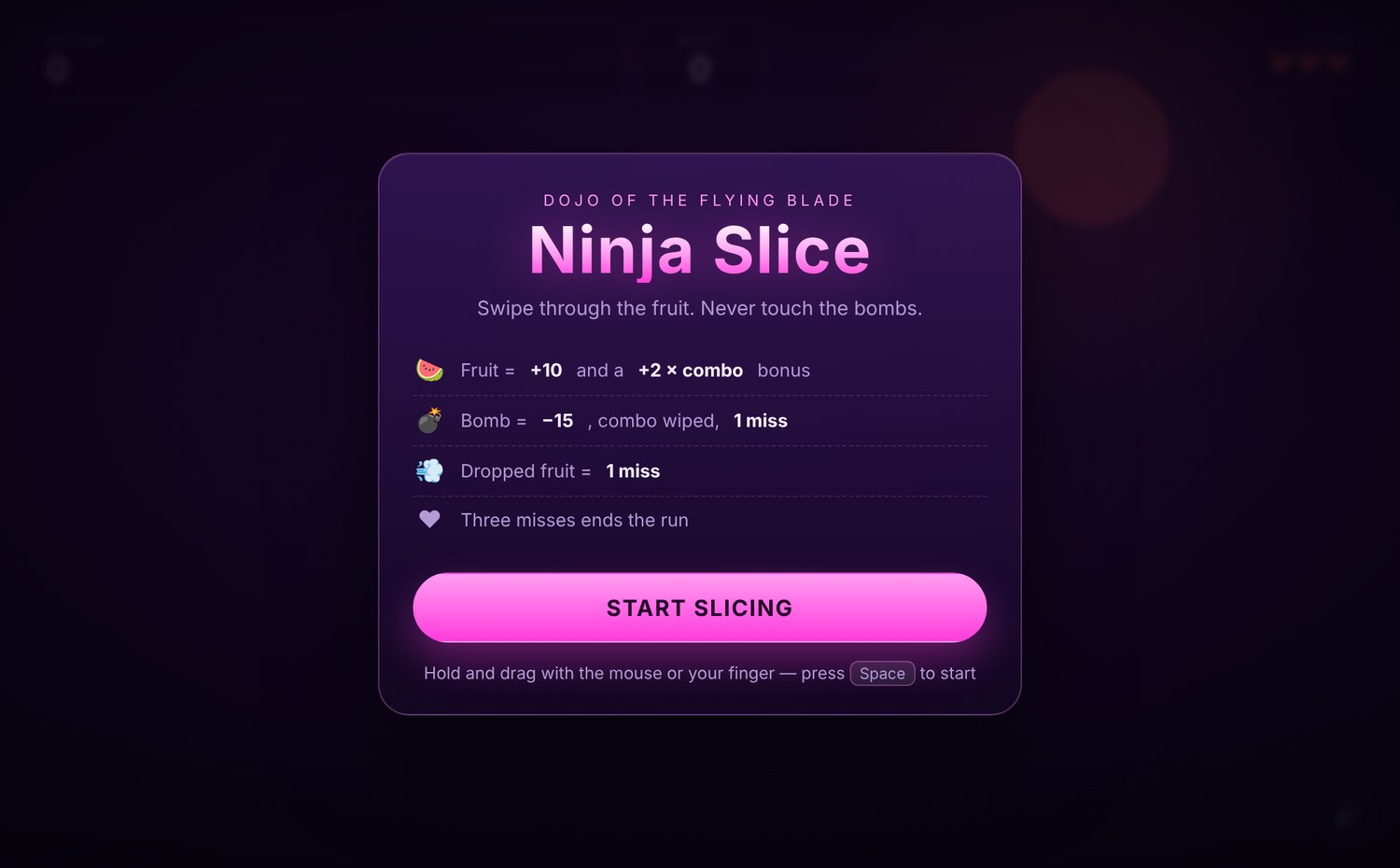 Ninja Slice browser game start screen with slicing rules